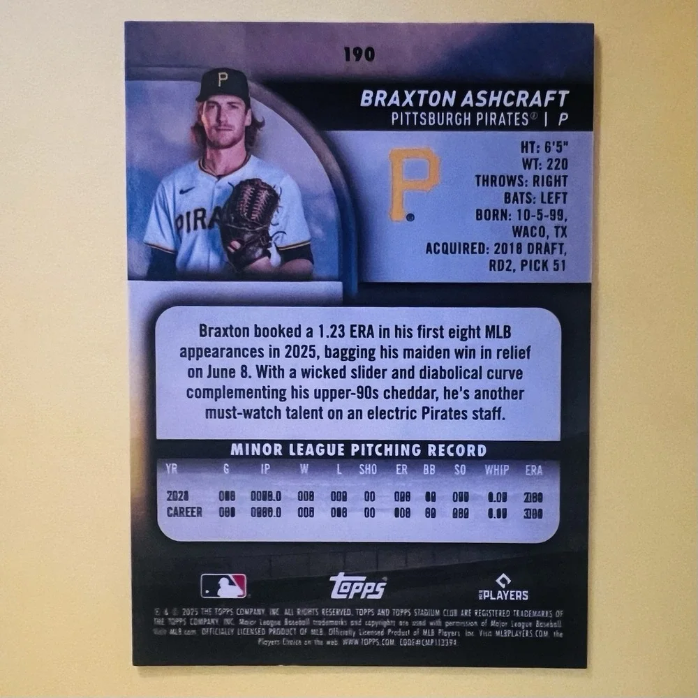2026 Topps Stadium Club‎ Braxton Ashcraft RC #190 Pittsburgh Pirates Rookie